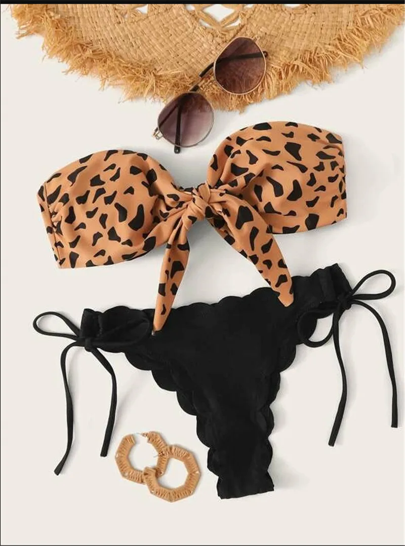 Sexy Front Lace Up Tie Strapless Leopard Swimsuit Female Push Up Ruffle Bow Bathing Suit Thong Swimwear