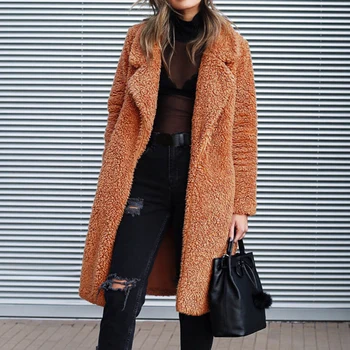 

Winter Plush Overcoat Women Long Sleeve Plus Size Female Lapel Coat Casual Solid Thick Warm Faux Fur Coat Long Jacket Coats