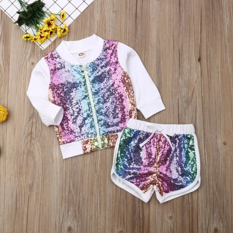 

US Toddler Kid Baby Girl Clothes Fall Clothes Sequins Pullover Tops Jacket Shorts Outfit Children Set 2pcs