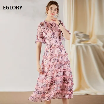 

Top Quality New 2020 Summer Pink Dress Women O-Neck Sweet Flower Print Cascading Ruffle Patchwork Short Sleeve Large Swing Dress