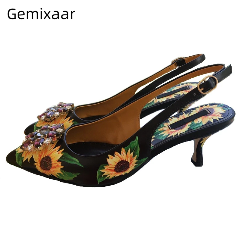 

Sexy 2020 Spring Black Sunflower Mary Janes Pointy Toes Slingback Back Strap Crystal Rhinestone Buckle High Heel Pumps Women