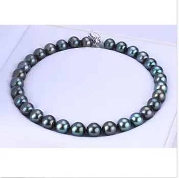 

stunning round 10-11mm black green pearl necklace 18inch 925s