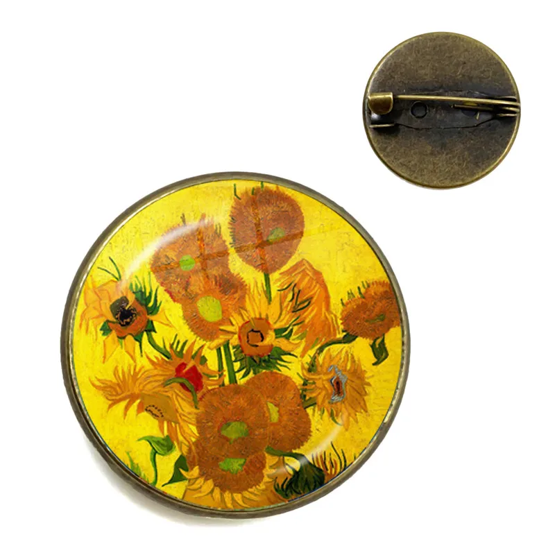 Ван Гог подсолнухи искусство винтажная бронзовая брошь 20 мм стеклянный