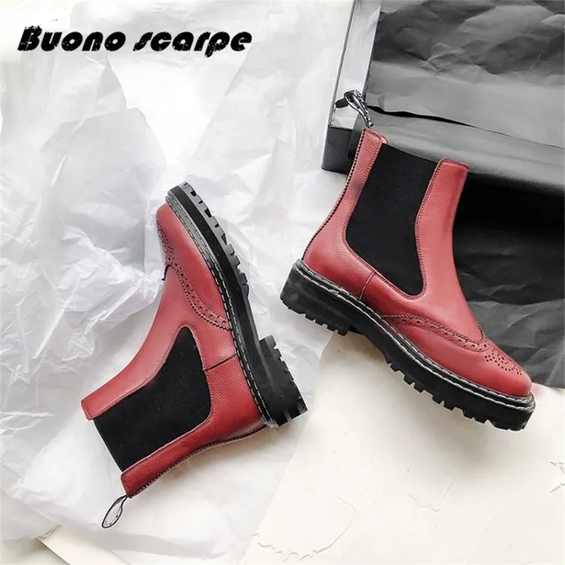 Buonoscarpe/зимние ботинки; женские ботинки из натуральной кожи; женские ботильоны на плоской подошве; осенние ботинки-броги без застежки на платформе; Ботинки martin