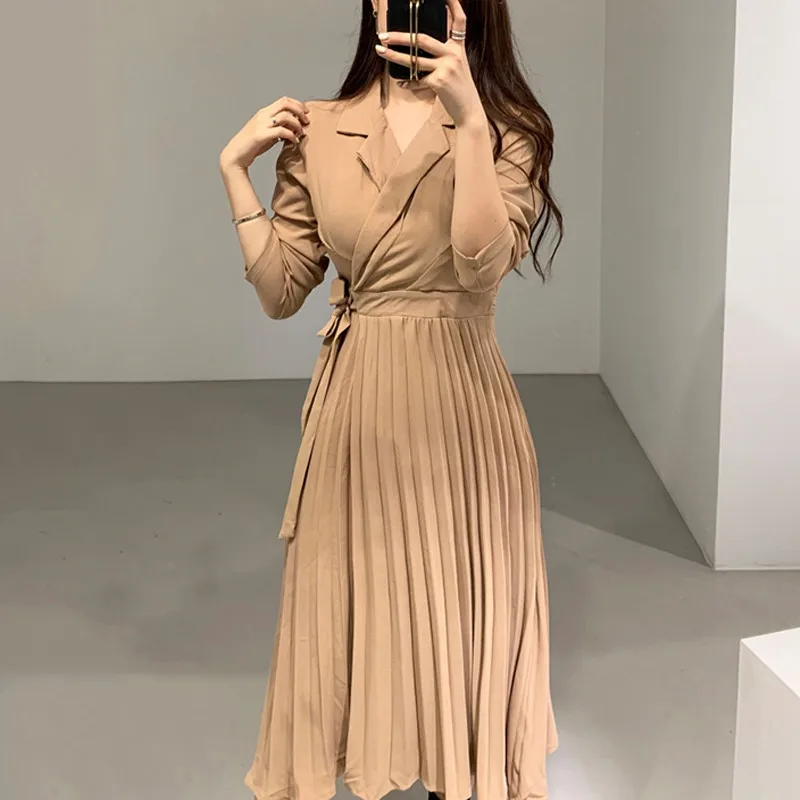 Khaki Woemn Dress RICININA, платье-рубашка, женское, осень, Бандажное, с разрезом, одноцветное, корейский шик, винтажное, плиссированное платье, женское, элегантное, халат, Longue Femme - Цвет: Khaki Woemn Dress