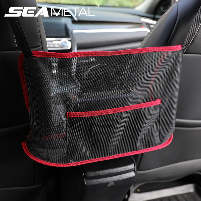 Polyester Car Seat Net Pocket Organizer Black Red
