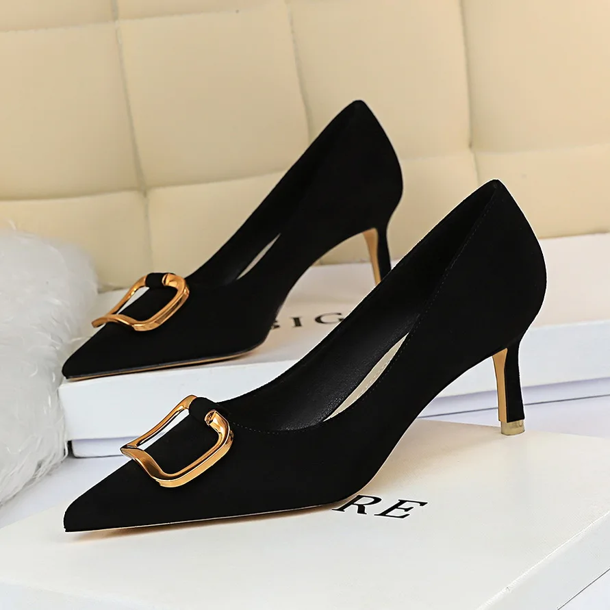 Women 6.5cm High Heels Suede Purples Pumps Lady Scarpins Fashion Kitten Low Heels Sexy Office Green Yellow Office Shoes