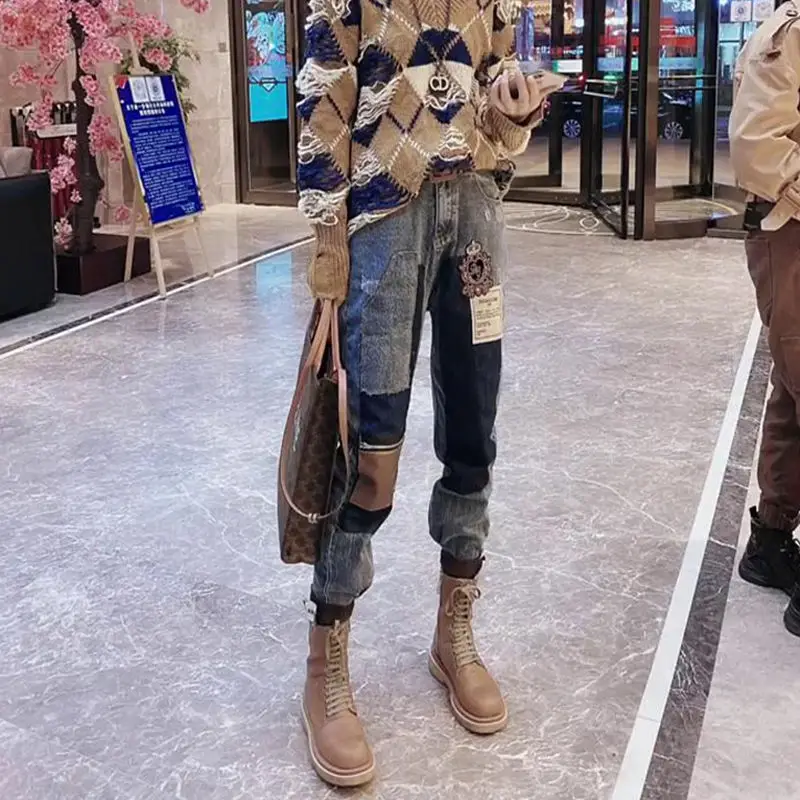 

Color-blocking Patch New Large Size High Waist Jeans Are Thin Loose Straight Leg Pants Women Mom Jeans High Waist