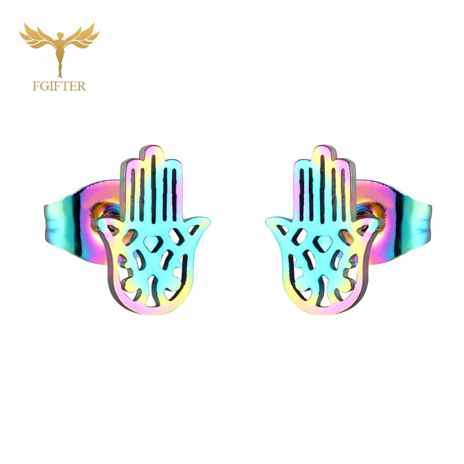 Small Earrings for Girl Hollow Vintage Design Fatima Hamsa Hand Stud Earring Jewelry Golden Stainless Steel Women Accosseries 6