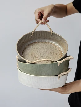 

Retro Ceramic Fruit Bread Pastry Storage Basket Party Food Dessert Plate Display Stand Storage Box Metal Serving Tray Decorative