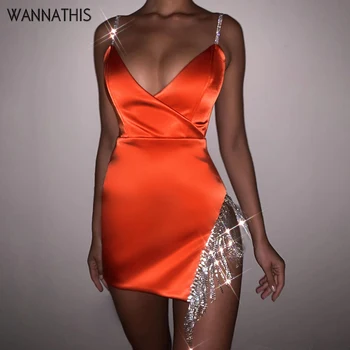 

WannaThis Orange Sexy Satin Bodycon Dresses V-Neck Skinny Spaghetti Strap Shining Patchwork Split Slim Party Cluber Summer Dress