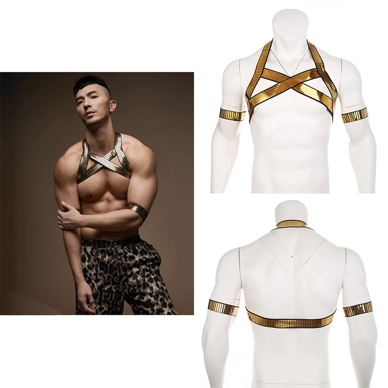 CLEVER-MENMODE Sexy Men’s Golden Shiny Harness Halter Neck Elastic Straps Lingerie Body Chest Men Bondage For Nightclub -Zentai shop online H6a808d3e7942448890cf800e8c16b85eh.jpg