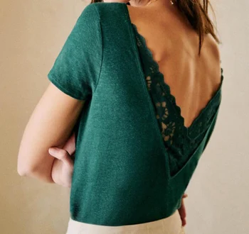 

Women T-shirt Spring/ Summer 2020 New Short-sleeved T-shirt Fashion Casual Cotton V-neck Lace Sexy Solid Color Loose T-shirt Top