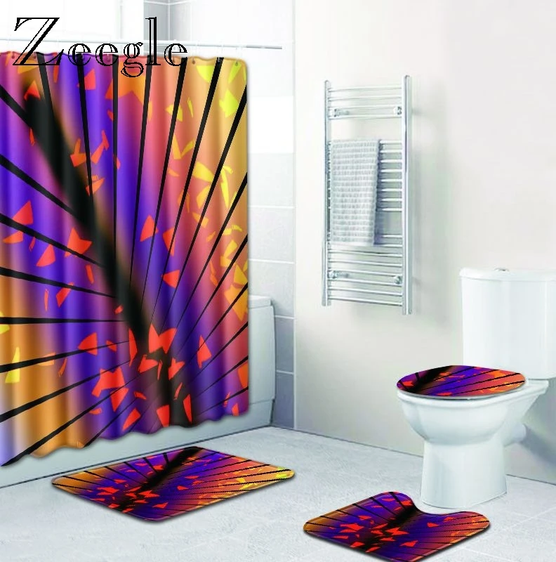 Zeegle Bath Mat Set with Waterproof Shower Curtain Toilet Seat Cover Mat Anti-Slip Soft Toilet Pedestal Rug 4pcs Toilet Set