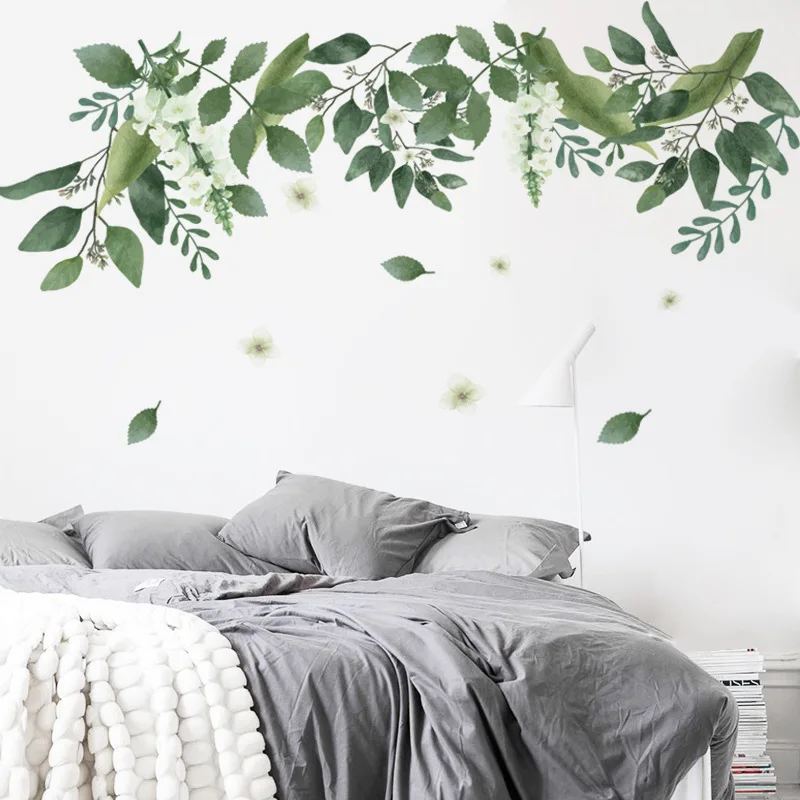 Green Leaves Wall Stickers Room Decoration White Flowers Bedroom Living Decor Removable DIY Decals Mural Poster | Дом и сад