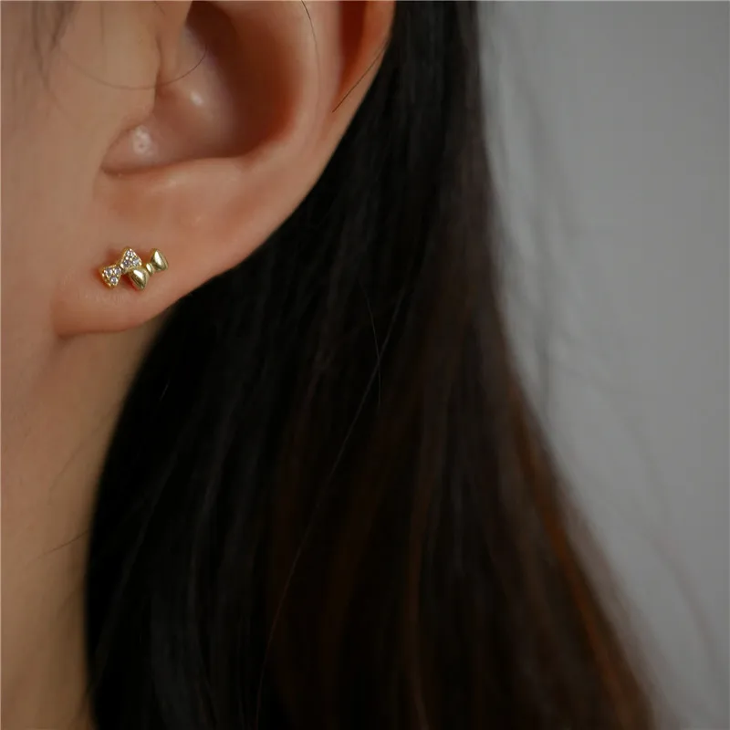 925 Sterling Silver Simple Bow Stud Earrings Women Pavé Crystal Sweet Romantic Goddess 14K Gold Plating Jewelry Accessories Gift