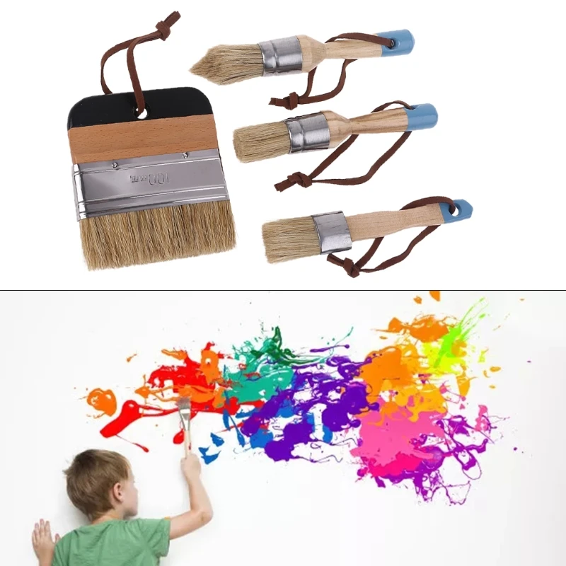 4 Pcs Round Flat Pointed and Wide Chalk Paint Wax Brush Natural Bristle Brushes wall painting brush,trimming paint brush