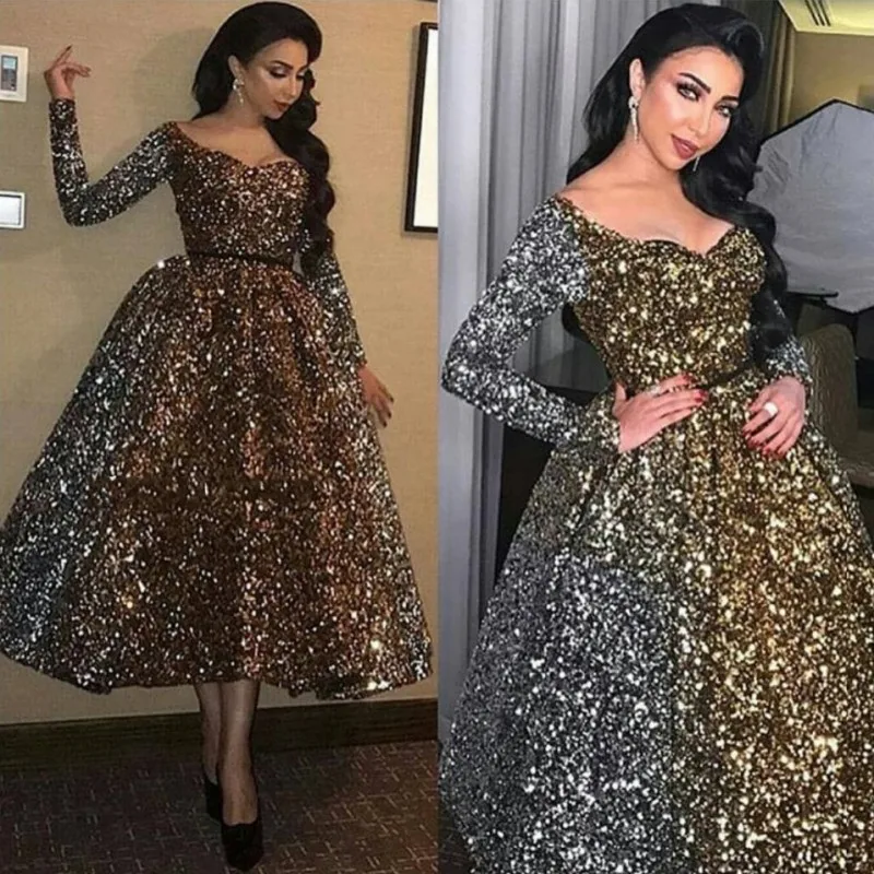 

Plus Size Arabic Muslim Gold Short Evening Prom Dresses Gown Dubai 2020 Long Sleeve Elegant Women Night Formal Gala Party Dress