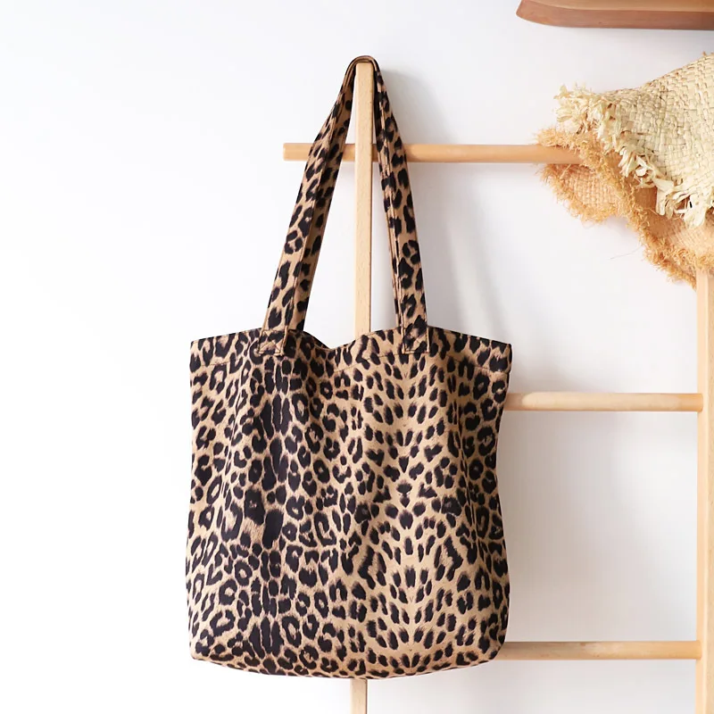 

Casual Leopard Grain Shoulder Bags Reusable Shopper Bag Women Grocery Canvas Crossbody Shopping Handbags Large Capacity Totes