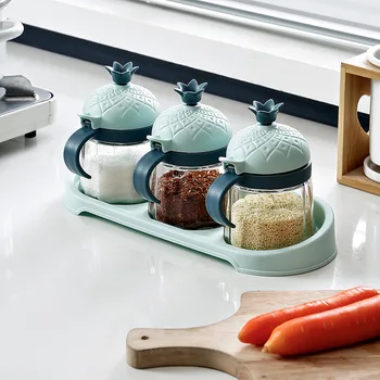 

Glass Spice Jars Salt and Pepper Set for Spices with Lid Tray Pineapple Seasoning Box Kitchen Condiment Container Organizer