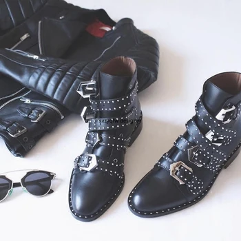 

Metal Buckle Design Women Sexy Martin Boots Female Low Heel Leather Punk Rivets Fashion Pointed Black Boots New Motorcycle Boots