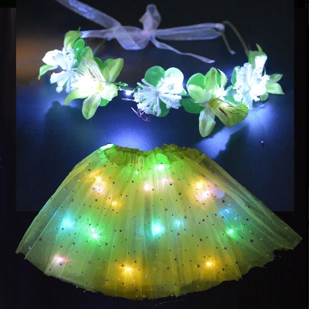 Неоновые вечерние светящиеся юбки-пачки с орнаментом в виде звезд для девочек и женщин, набор венков с цветочной короной, подарок на день рождения, Рождественская светодиодная одежда - Цвет: green set