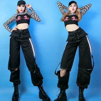 

Hip Hop Costumes Adults Street Dance Clothes Jazz Stage Wear Women Dancer Show Fashion Plaid Short Top Cutout Pants DNV12913