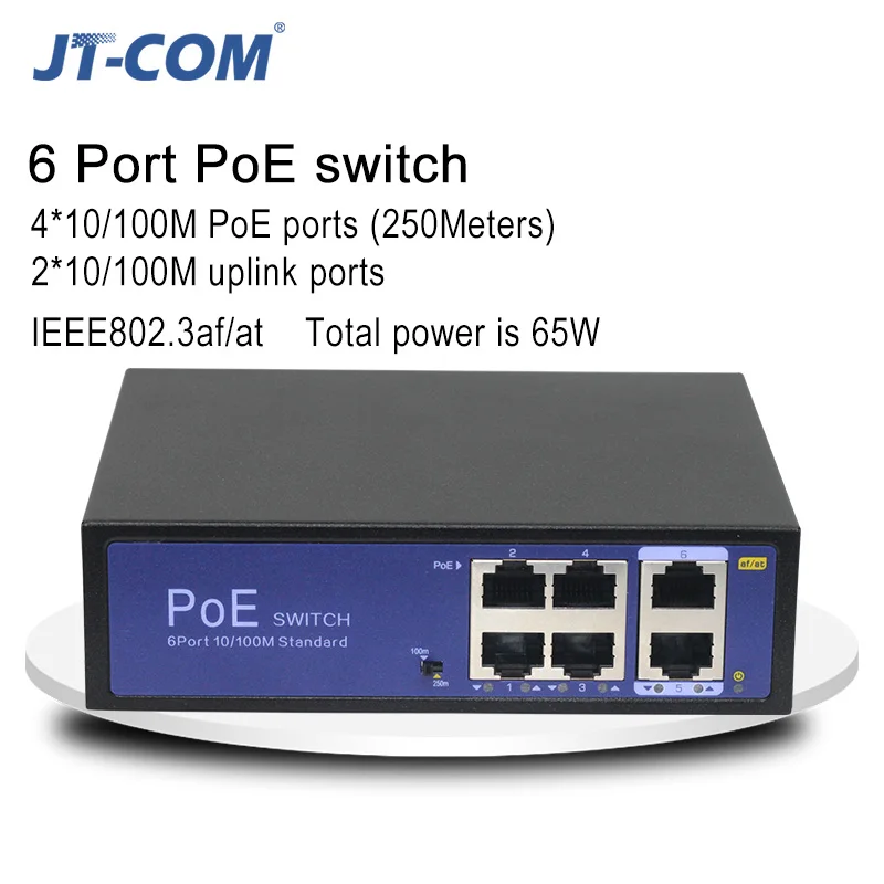 Сетевой коммутатор POE 48 В Ethernet с портами 10/100/1000 Мбит / с 5/6/8/10 IEEE 802.3af / at Подходит для IP-камер / беспроводных систем AP / камер видеонаблюдения с адаптером питания 100 Вт - Цвет: 4PE2E 65W 250m