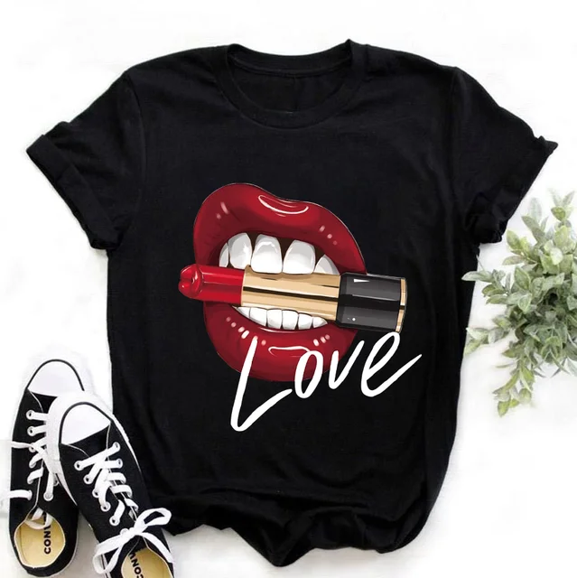 Women Tops O-neck Sexy Black Tees Kiss Lip Funny Summer Female Soft T Shirt Lips Watercolor Graphic T Shirt Top9180 9947-black