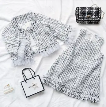 

2019 Baby Girls Fall Formal Lady Elegant Plaids Sets, Coat + Vest Dres 6 sets/lot, Wholesale, Free Shipping