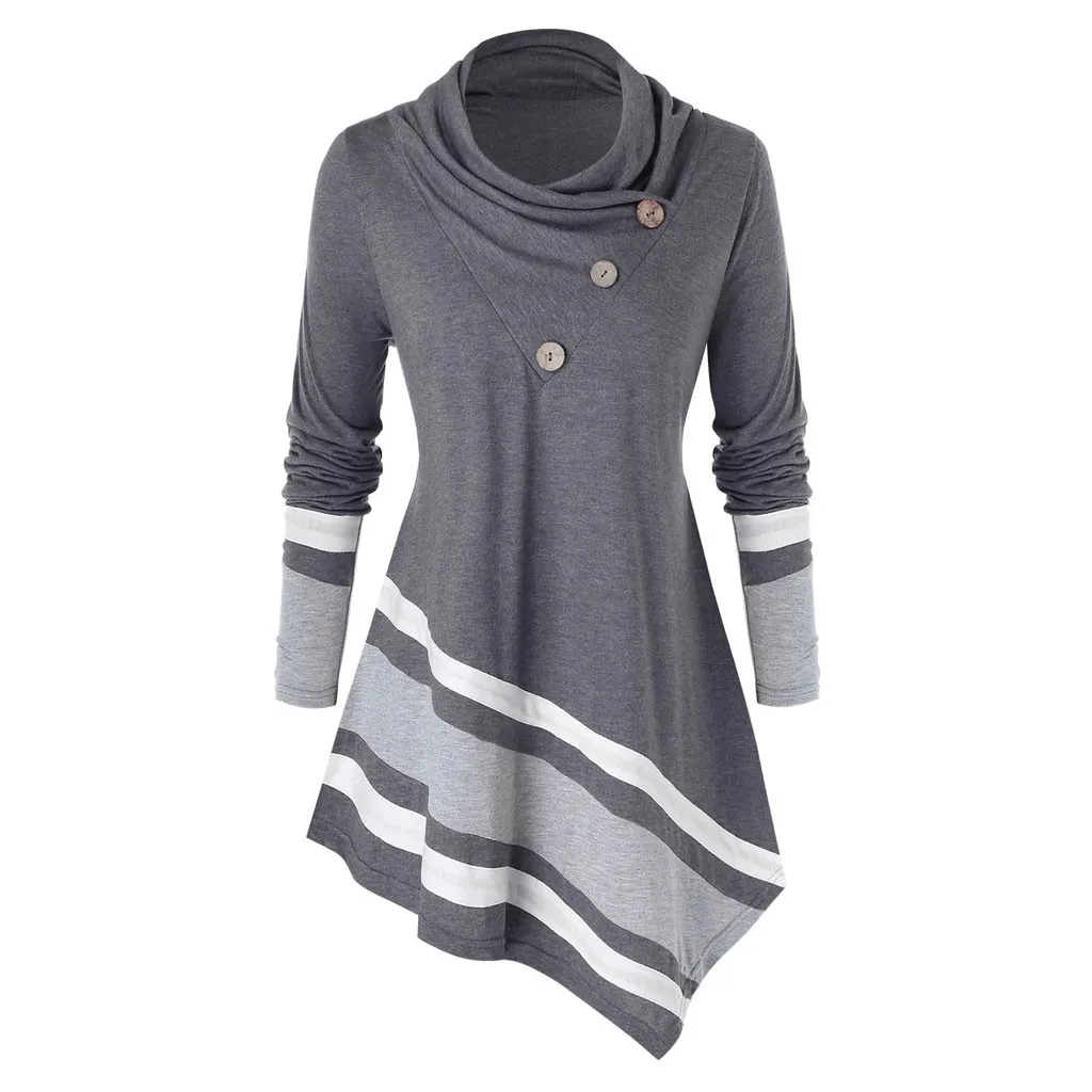 Женская блузка размера плюс, новая однотонная, на пуговицах, в стиле пэчворк, водолазка, длинный рукав, пуловер, Осень-зима, модная Повседневная Туника, топы# D - Цвет: Gray