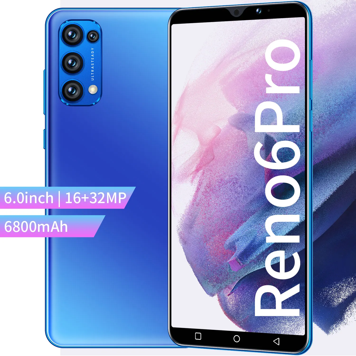 New Reno6 Pro 6.0 Inch 128GB/256GB MTK6889 Andriod Smartphone 16+32MP Deca Core Face Fingerprint ID 6800mAh Mobile Cell Phone