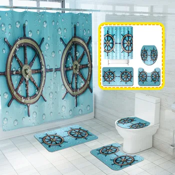 

Sea Print Shower Curtain 4PCS Bathroom Mats And Rugs Toilet Cover Bath Mat Bathroom Curtain with 12 Hooks Home Decor Anti-slip