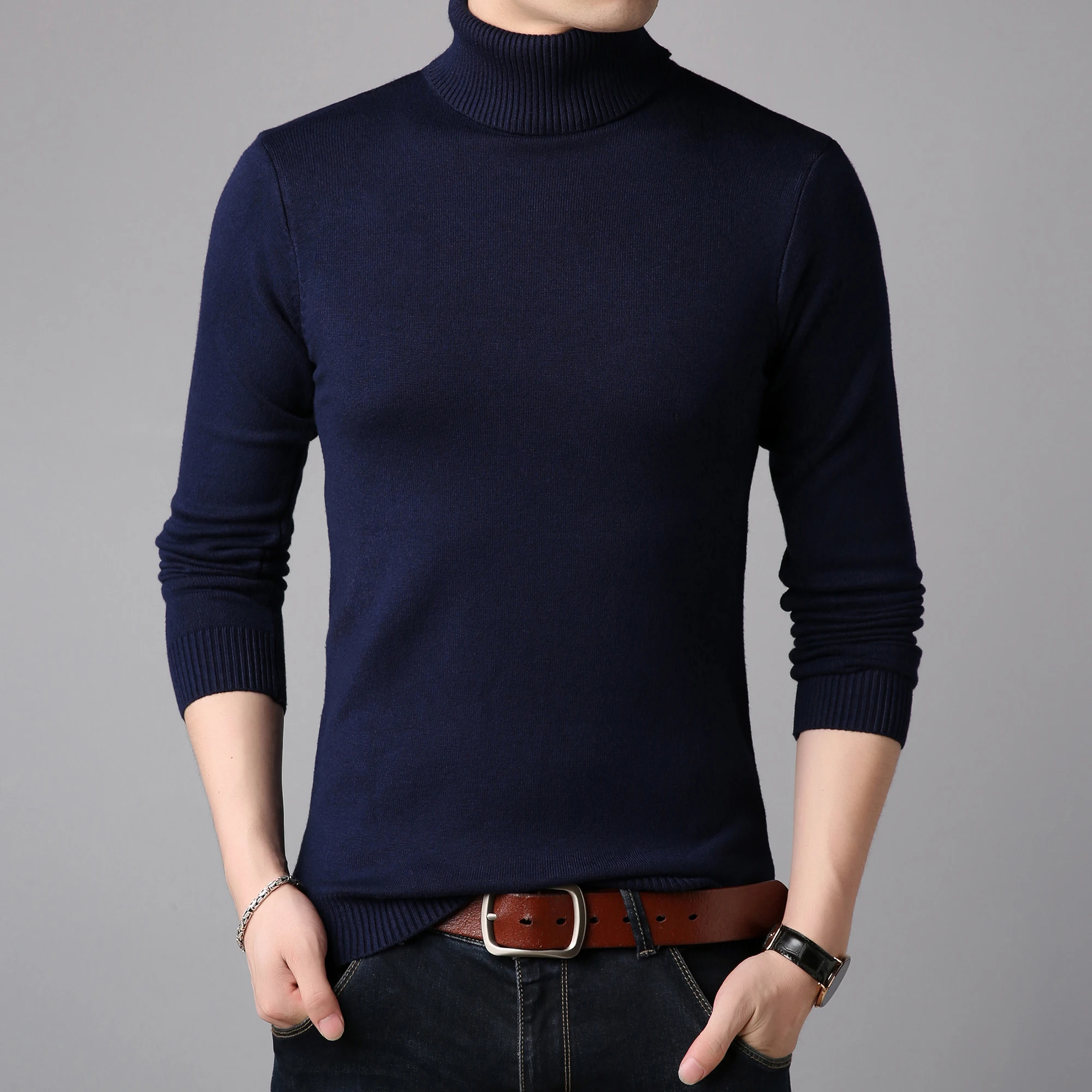 Turtleneck Sweater Shirt Knit Trend Slim Korean-Style Short-Sleeved Striped Mens Autumn