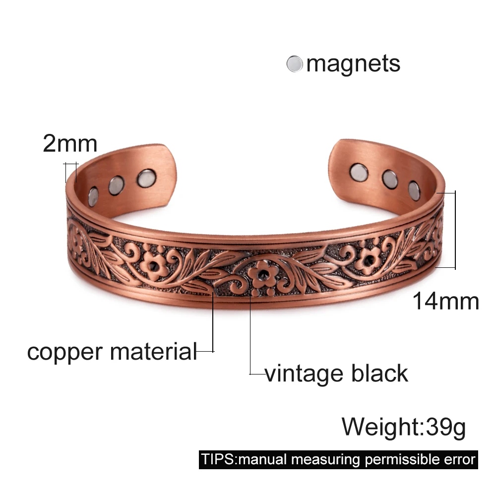 Meatlhy Magnetic Bracelet Pure Copper Flower Leaf 14mm Cuff Adjustable Bangles Femme Health Arthritis Vintage Jewelry for Men_voghion.com