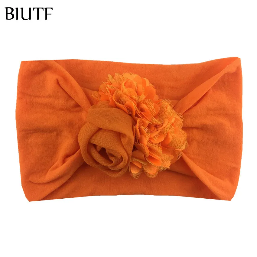 20pcs/lot Chic Headwear Elastic Wide Nylon Headband with Satin Flower Chiffon Rose Kids Photo Props 15 Colors HB105 - Цвет: 7-orange