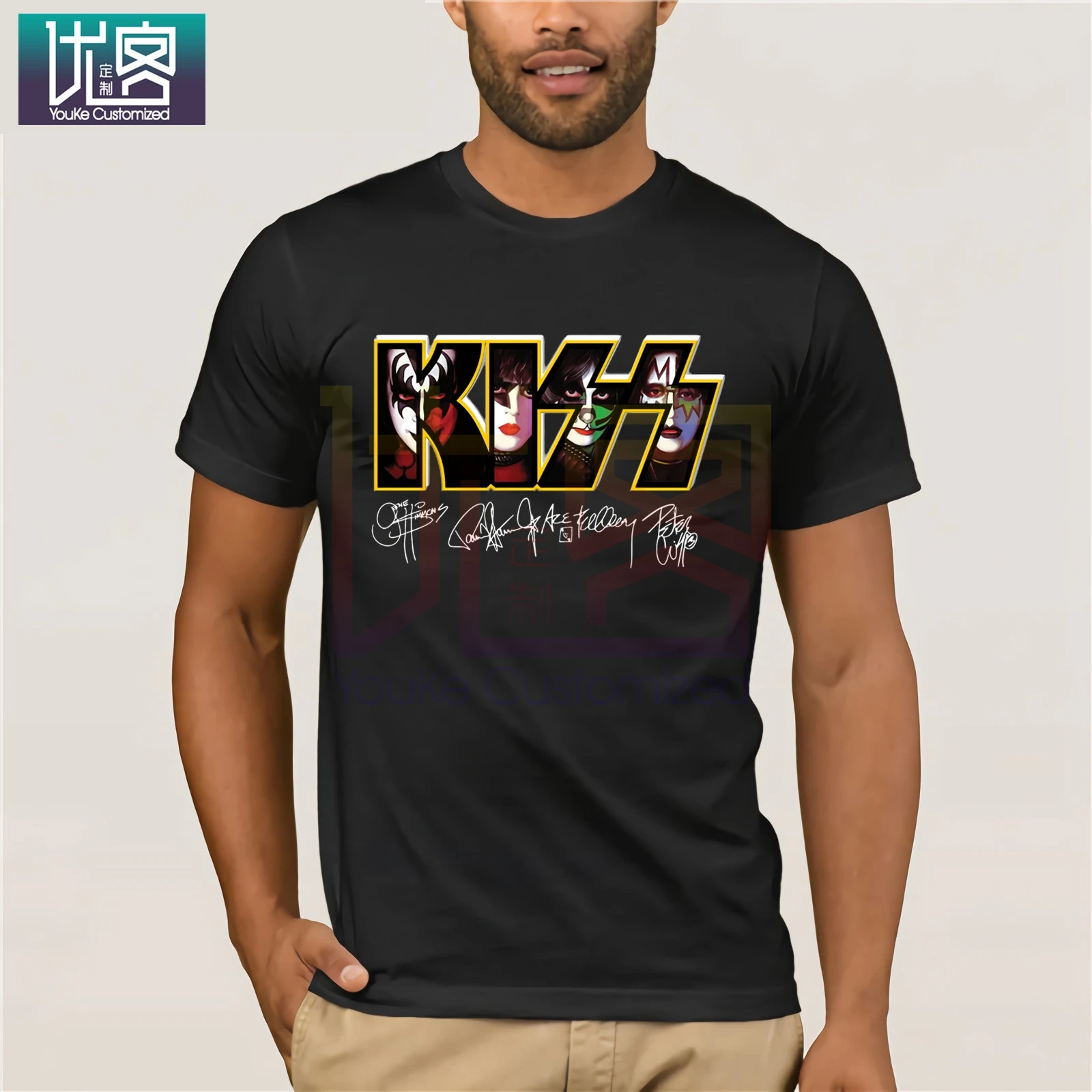 Мужская Винтажная футболка с коротким рукавом круглым вырезом и надписью Kiss Sing