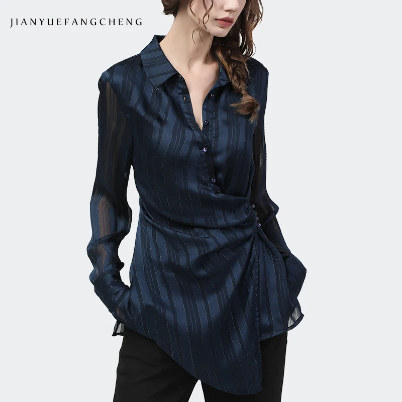 Long Women Chiffon Top POLO Shirt Dark Blue