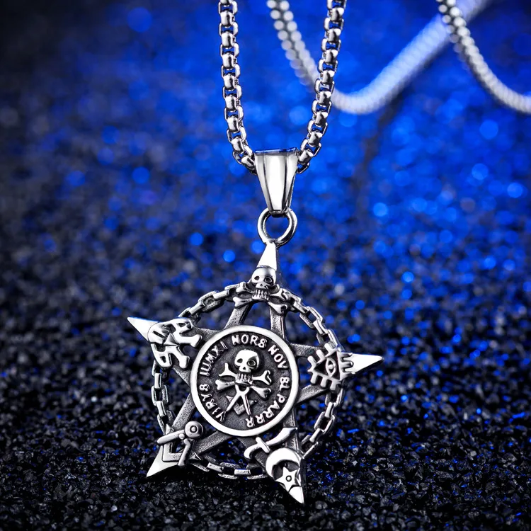 

Stainless Steel Casting Skull Pendant Titanium Steel Men Retro Six Mang Star Necklace Hardware Jewelry