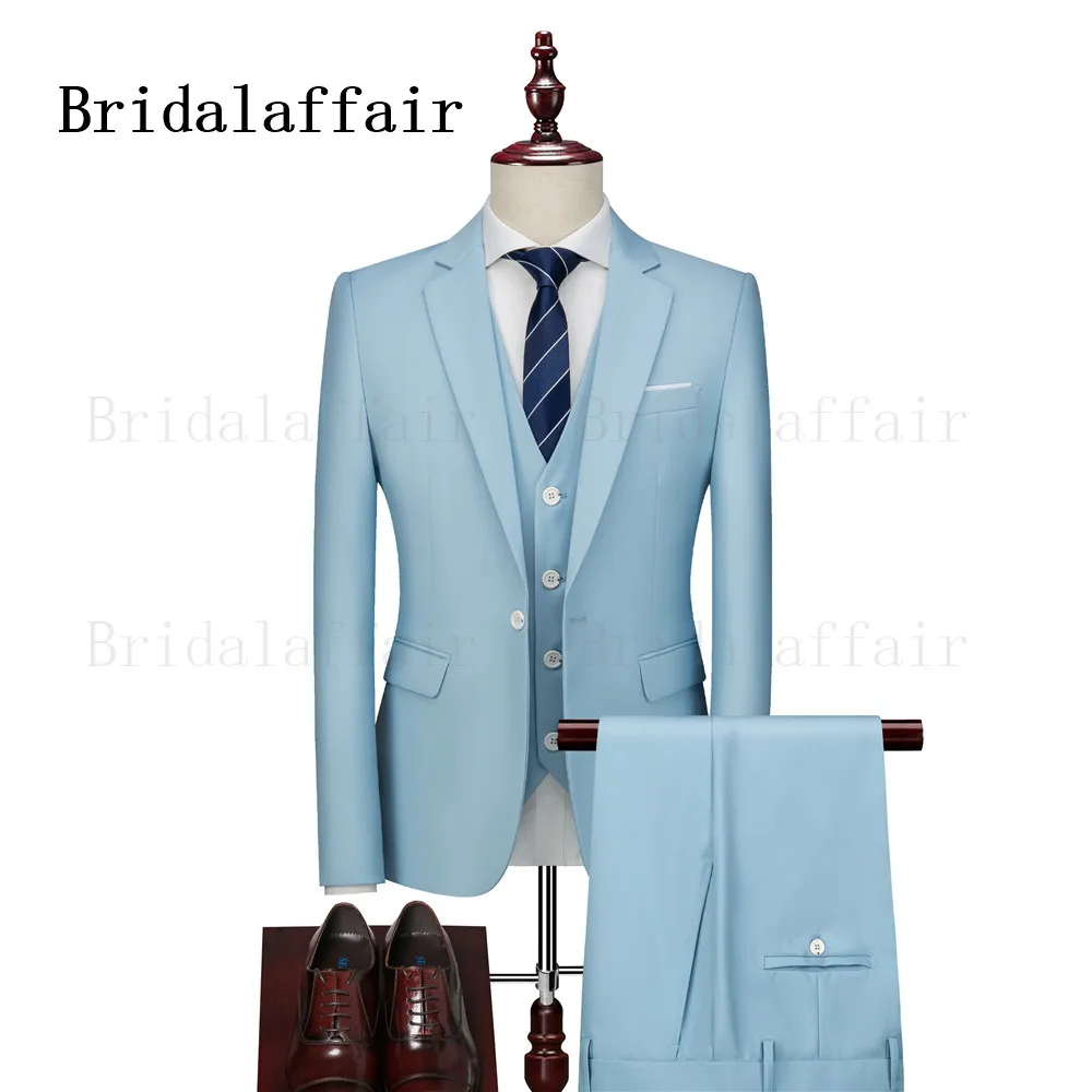 

Мужские костюмы небесно-голубого цвета Bridalaffair, приталенный элегантный смокинг для выпускного вечера, костюм для мужчин из 3 предметов, Блейзер, куртка, жилет, брюки, мужской костюм