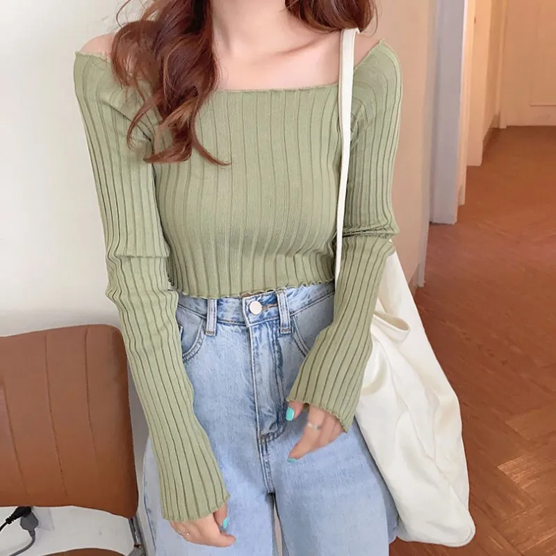 

Solid Color Women Full Sleeve Square Neck Sweater Knitted Basic Elasticity Pullovers Autumn Jumpers Ladies