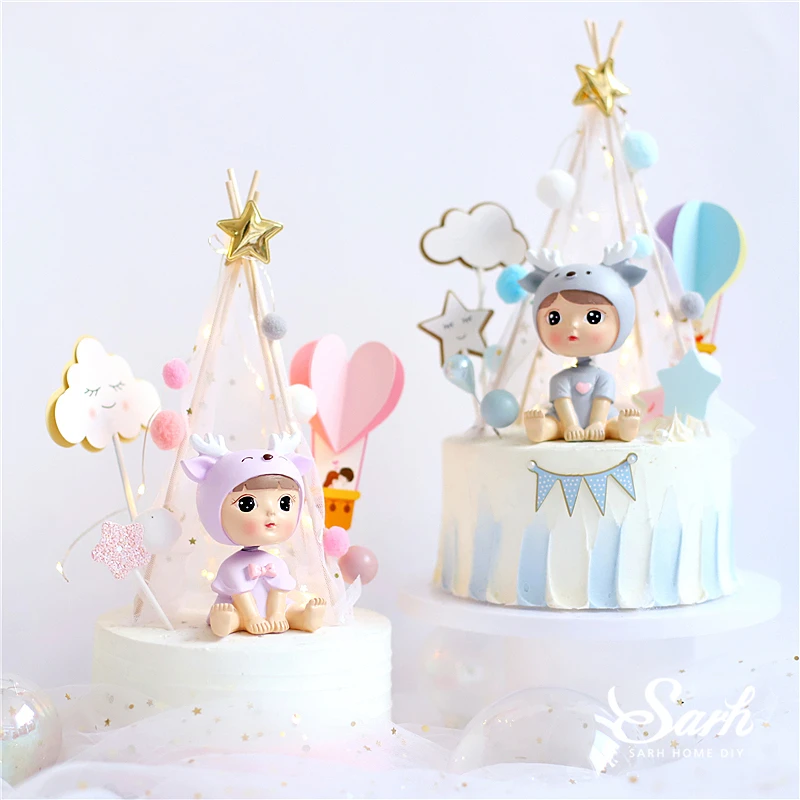 

Hairball Tent Deer Girl Cake Topper for Wedding Bride and Groom Happy Brithday Baking Supplies Party Decor Lovely Gifts