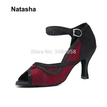

Natasha GB Latin Dance Shoes Black Lace Satin Table Performance Dance Shoes