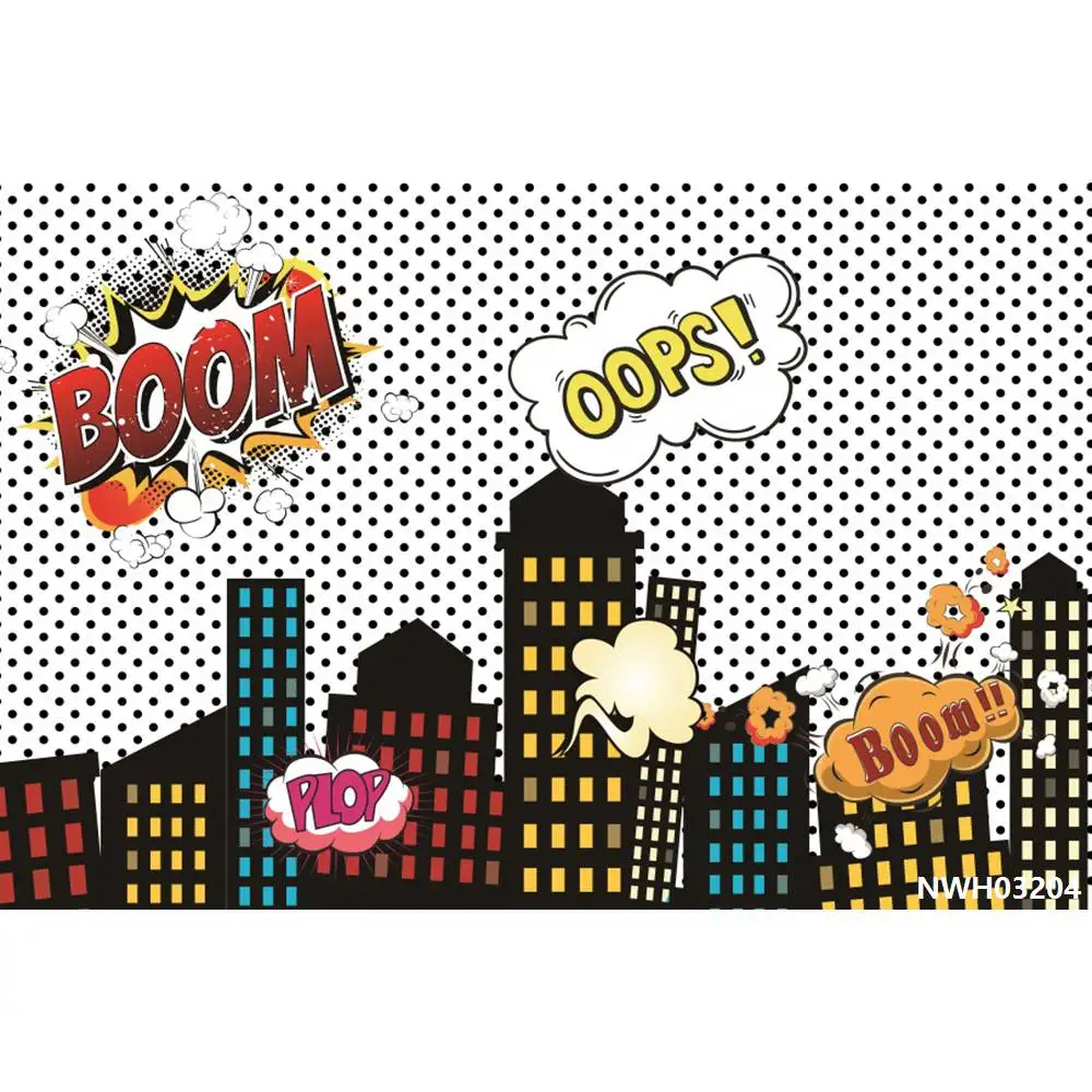 Laeacco Comics городские здания облака бум Pow день рождения фотографии фоны индивидуальные Фотофон для фотостудии - Цвет: NWH03204