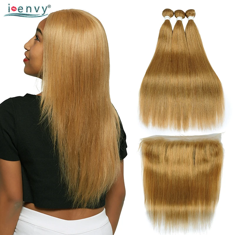 Blonde Straight Bundles With Lace Frontal Closure Brazilian Hair Weave #27 Colored Human 13*4 Non Remy | Шиньоны и парики