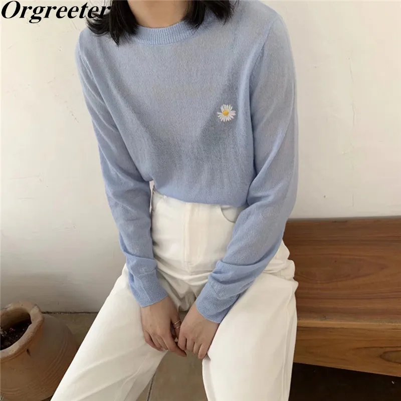 Solid Thin Knitted Sweater Women O-neck Long Sleeve Daisy Embroidery Loose Pullover Tops Summer Fall New Sunscreen | Женская одежда