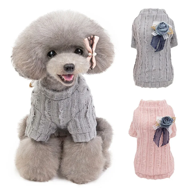 Свитер в Корейском стиле для домашних животных на осень и зиму с цветочным принтом; Милая теплая одежда для маленьких и средних собак с изображением собаки; одежда для йоркширских терьеров