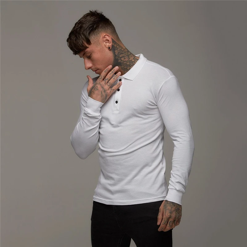 Mens Polo-Shirts Slim-Fit Running Long Sleeve T-shirt Man Cotton Sports Brand Fitness Tshirt Autumn Breathable Gym Polo Shirt