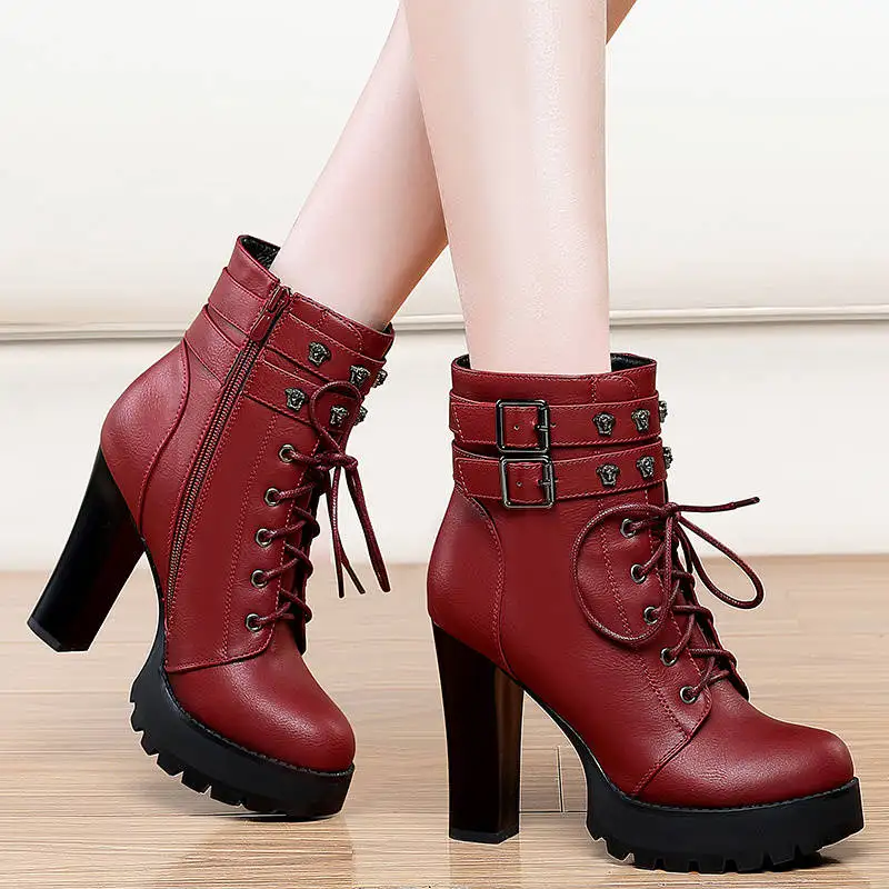 

2019 NEW Rivets Boots Women Platform Short Boots Thick Heel Winter Shoes Side zipper Buckles Black Wine-red