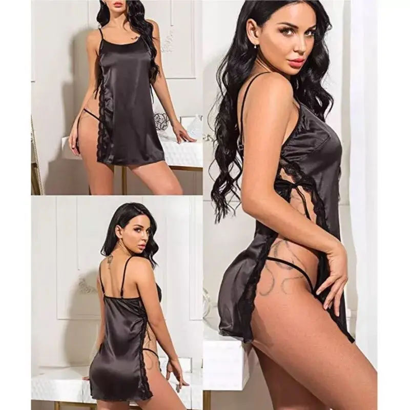 

Sleepwear Sexy Lingerie Satin Slip Silk Nightgown Lace Chemise Negligee Side Open Babydoll Nightie For Women S-XL